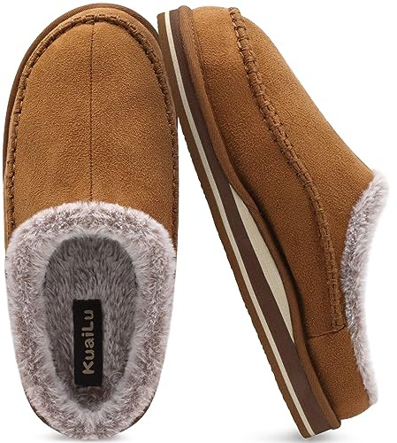 KuaiLu Mens Momery Foam Clog Slippers Comfy Handmade Stitch Microsuede Slip-on House Shoes With Arch Support Warm Faux Fur Lined Rubber Sole Indoor Outdoor Khaki Size 10