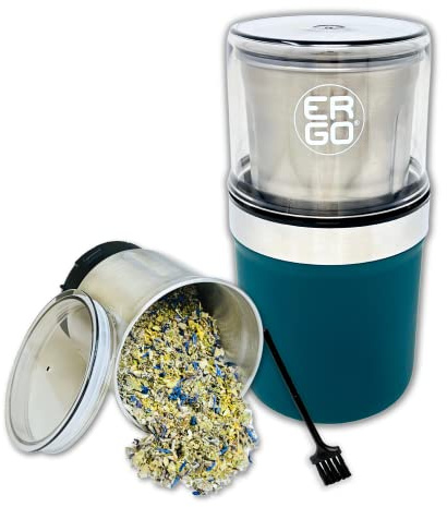 ERGO Herb Grinder - Electric. Large Capacity with Removable (washable) Stainless Cup and Airtight Lid. For Herbs and Spices. Pollen Brush included