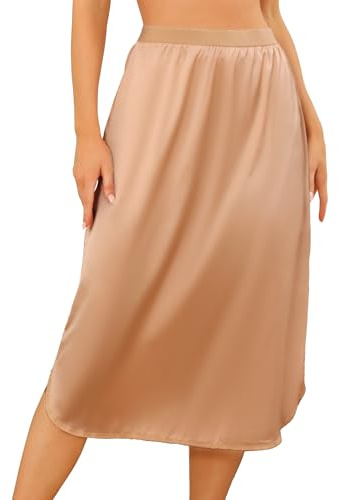 Wikoan Underklänningar för kvinnor, lång underkjol minikjol underkläder satin petticoat för klänningar, storlekar S–XXL, Mörk champagne, XXL