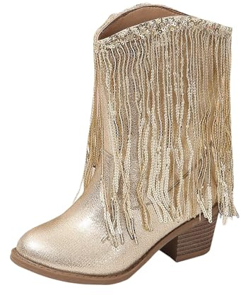 Bottes de Cowboy occidentales en Cuir de Couleur Unie pour Filles, Bottes à Pompons décontractées pour Enfants, Nouvelle Collection Automne et Hiver Fille Fille Bleu Bout Métallique Bottines