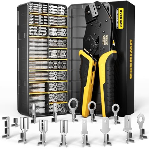 DxCRIMP Kit de Crimpadora para Terminales Eléctricos con 14 Tipos de 0,25–2,5 mm² (AWG 24–14), Kit Profesional de Crimpado, Herramienta Precisa para Electricistas, Automóvil, Bricolaje y Hobby