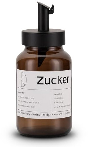 Koffs Design Barista Sucrier avec doseur en acier inoxydable – Saupoudreur imprimable individuellement pour sucre, graines, céréales – Sucrier moderne en verre avec protection UV – Sucre 200 ml