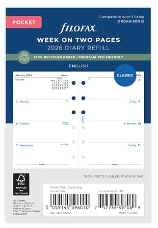 Filofax Calendar Diary Refill, Pocket Size: 4-3/4 x 3-1/4, Week-to-View, White Paper, Unruled, English, 2026 (C68221R-26)