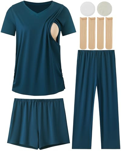 DANSHOW 5 Piece V Neck Maternity Nursing Pajamas Set Postpartum Pjs Breastfeeding Sleepwear, Nursing Breast Pads & Socks (HY237701-26-XXL) Navy