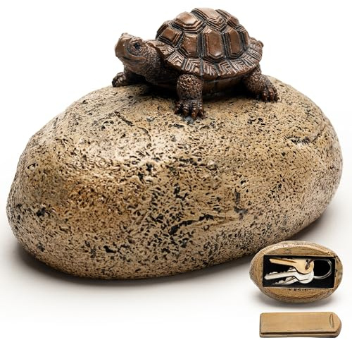 Hide a Spare Key Fake Rock, Looks like Real Stone, Safe for Outdoor Garden or Yard, Stone Key Box with a Turtle on It For Easy Searching, Geocaching Prop & Decorative Yard Ornament