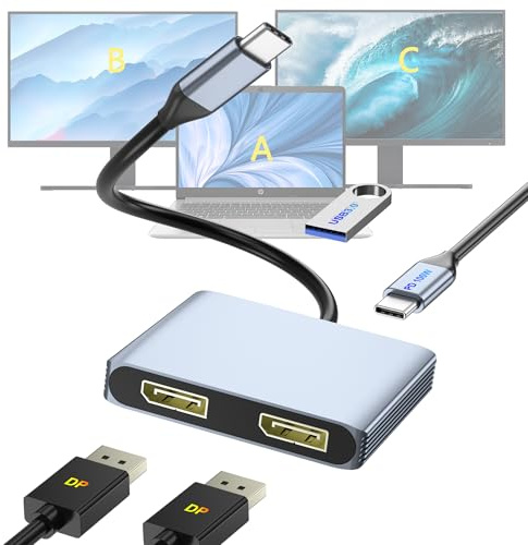 DisplayPort Splitter for Dual Monitors, 4K@60Hz USB-C to DisplayPort Adapter, Type-C Docking Station for Dell/HP/Mac, Display Port MST Hub with USB3.0/PD, Display Port Splitter for Dual Monitors