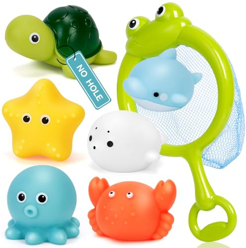 Olensson No Hole No Mould Baby Bath Toys, 7PCS Mould Free Bath Toys, Sea Animals Water Play Toys for 1 2 3 4 Year Old Boys Girls, Toddler Kids Swimming Pool Bathtub Toys