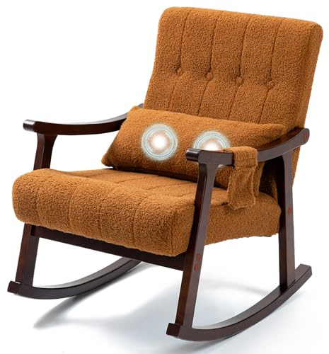 AVAWING Upholstered Rocking Chair with Massage Lumbar Support, Comfy Rocker Glider Chair for Nursery, Modern High Back Armchair for Living Room, Indoor Armchair for Petite (Brown)