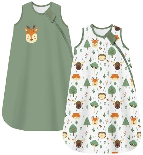 Chilsuessy Baby Schlafsack 1.5 Tog 2er Pack Ganzjahresschlafsack 100% Baumwolle Winter Babyschlafsack für Neugeborene, 1.5 Tog/Grün Wald Set, 67cm/0-6 Monate