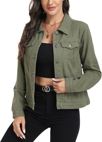 J.Corrine Veste en jean vintage pour femme avec design cousu, coupe droite de style camionneur, manches longues, vestes en jean polyvalentes pour femme, vert olive, XXL