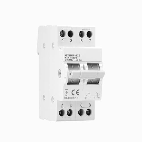 Interruttore di commutazione manuale ATS 2P 63A 240V, montaggio su guida DIN. Per passaggio tra rete principale e generatore di riserva.