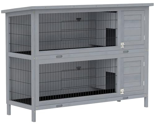 PawHut 2-våningshus i trä, asfalttak och bottenbricka, 136,4 x 50 x 93 cm, vintersäker för inomhus- och utomhusbruk, grå