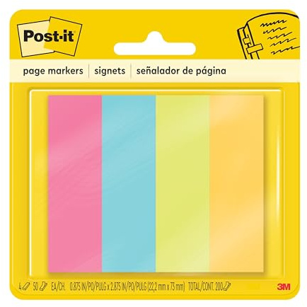 3M 6714AU Post-It Page Markers, Assorted Brights, 50 Strips/Pad, 4 Pads/Pack