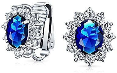 Moda Formal Fiesta Nupcial Oval Zafiro Simulado Azul Real Cubico Zirconia Halo Corona AAA CZ Pendientes De Clip Para Mujer Boda Sin Agujero Plateados