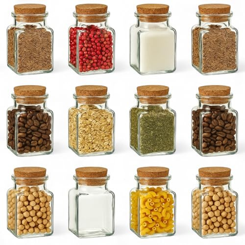gouveo Set de 12 tarros para especias cuadrados (0,15 l) con tapón de corcho de vidrio transparente para hierbas té sal y alimentos secos