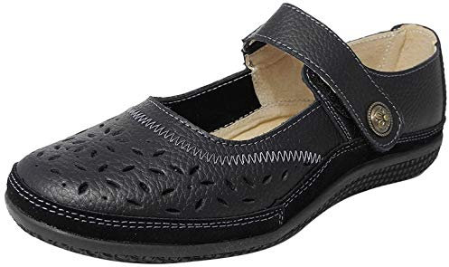 Boulevard Tracey X Wide EEE Fitting Leather Fastening Perforated Bar Shoes - Black Leather, Ladies UK 6 / EU 39