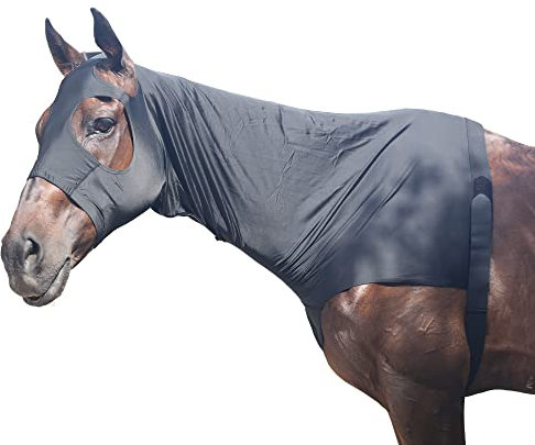 Leberna Lycra Stretch-Pferd Kapuze mit Reißverschluss - vollen Gesicht-Hals-Abdeckung L Schwarz