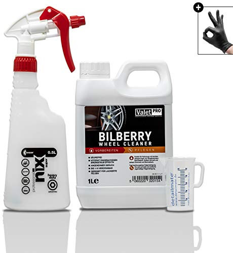 detailmate Felgenreiniger Set: ValetPRO Bilberry Wheel Cleaner 1 L - Felgen Reiniger Konzentrat + Kwazar nix super Sprühflasche + 50ml Messbecher