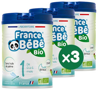 FRANCE BéBé BIO - Lait infantile pour bébé 1er âge en poudre 0 à 6 mois - Lait fabriqué en France - BIFIDUS - SANS HUILE DE PALME - Pack 3 boîtes de 800g