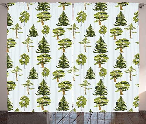 ABAKUHAUS Leaves Curtains, Repetitive Pine Oak Fir Trees Motifs on Pastel Toned Backdrop Pattern, Living Room Bedroom Window Drapes 2 Panel Set, 89 L X 110 W, Baby Blue Apple Green