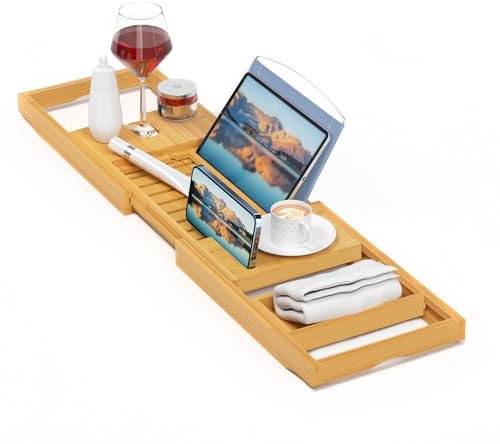 Plateau de baignoire de luxe, plateau de baignoire en bambou – Plateau de bain en bois extensible, peut être placé livre, tablette intégrée, smartphone et support à vin – Idée cadeau pour vos proches.