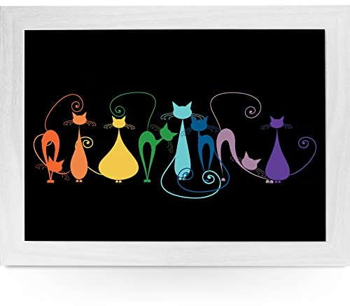 Plateau rembourré pour ordinateur portable - Motif chats arc-en-ciel - Pour le lit - Pour repas TV - Avec coussin - Cadre en bois fait à la main