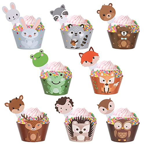 Kuchen Deko Waldtiere, Diealles Shine 48 Stück Cupcake Wrappers Tiere mit Cake Topper Waldtiere, Niedliche Muffinförmchen Papier Kinder, Tortendeko Waldtiere für Geburtstag Party
