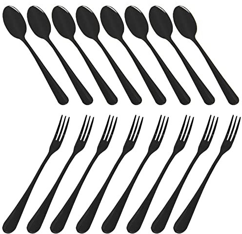 16 Pieces Black Demitasse Espresso Spoon (4 inch) and Stainless Steel Forks (4.8 inch), DaKuan Mini Coffee Spoons & Cake Forks for Dessert, Tea, Appetizer