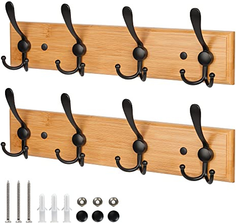 GlazieVault Coat Hooks for Wall - Stainless Steel Coat Racks (2 Pack) - Heavy Duty Coat Hook Wall Mounted - Premium Design Rust Free Coat Hanger for Clothes (Wooden Tri)