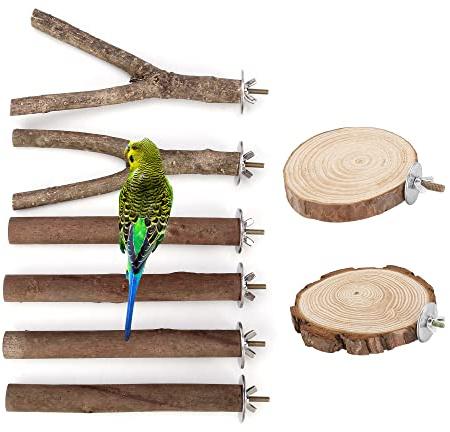 Mogokoyo 8 PCS Natural Wood Bird Perch Birdcage Stand Wooden Parrot Perch Stand Perch Platform Cage Accessories for Parrotlets Budgies Cockatiels Parakeets Lovebirds