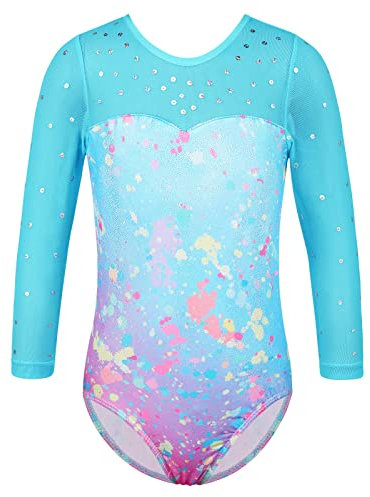 HUAANIUE Kinder Turnanzug Mädchen 3-14 Jahre, Bunte Gymnastikanzüge mit Langen Ärmeln & Ärmellos, elastisch & atmungsaktiv, perfekt für Ballett, Tanz & Training (B265-Blauer Punkt, 11-12 Jahre)