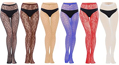 HOVEOX 6 Pairs Lace Patterned Tights Fishnet Floral Stockings Small Hole Pattern Leggings Tights Net Pantyhose, Multicolor, L