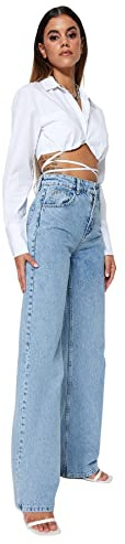 TRENDYOL Jeans da Donna a Vita Alta, Pantaloni a Gamba Larga, Azzurro, 42