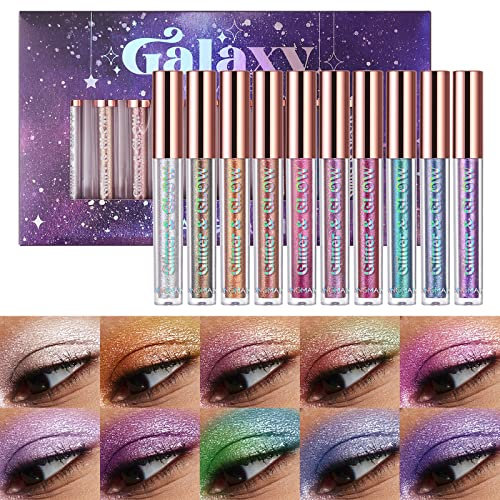 LANGMANNI 10 Pcs Liquid Glitter Eyeshadow Metallic Shimmer Sweatproof Makeup Set, Matte Pressed All Highly Pigmented Blending Powder, Perfect For Every Woman & Girl (#B), Pack of 1