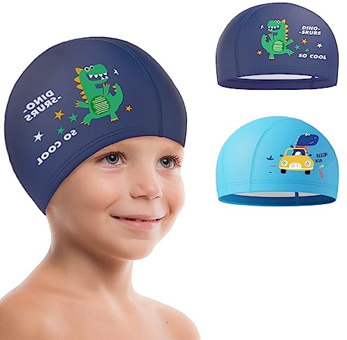 Echehi Bonnet de Bain pour 2 pièces Dinosaures Garçon, Bonnet de Bain Enfants en Polyester Imperméable, Bonnet Piscine Enfant