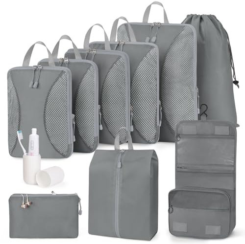 Anjing Packing Cubes Compression - 10-teiliges, Koffer Organizer Set mit Kompression, Komprimierbaren Packwürfeln zur Organisation, Packwürfel für Koffer, Grey