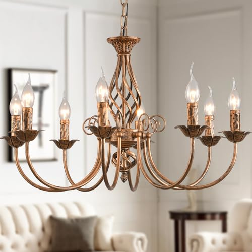 JIINOO 8 Luces Lámpara de araña de campo francés, araña de bronce, lámpara colgante de metal, lámpara colgante para isla cocina casa de campo, comedor, vestíbulo