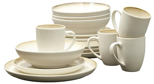 BITZ Geschirrset 4 Personen, Hochwertiges Steingut Geschirr Set, Geschirr Steingut 16-teilig, Dänisches Design, Spülmaschinenfest, Cremefarben