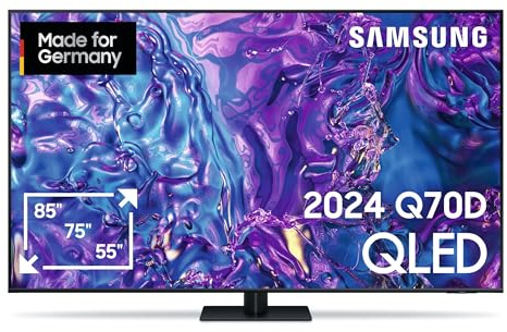 Samsung QLED 4K Q70D Fernseher 55 Zoll, AI Quantum Prozessor 4K, AI Upscaling, Tizen OS, Motion Xcelerator 120 Hz, Smart TV, KI TV, GQ55Q70DATXZG, Deutsches Modell [2024]