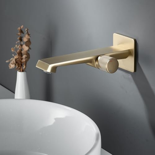 PHASAT Robinet de Lavabo Mural en Laiton Robinet Baignoire Salle de Bains Doré Brossé, Mitigeur Encastré de Lavabo avec Bec Prolongé PTMP11G