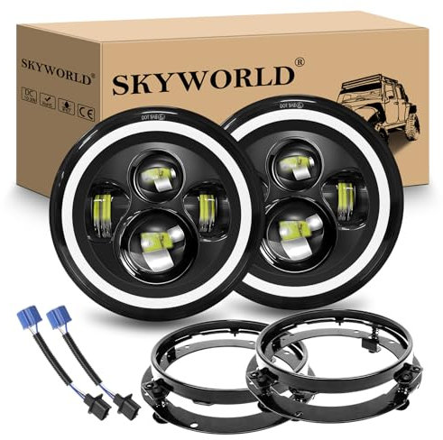 SKYWORLD 7 pouces Rond Phare Auto Moto LED avec Anneau de Montage, 50W Phare de Travail Blanc Ambré 4 Modes Eclairages Feux Off Road Feu Croisement DRL HI LO Beam pour Wrangler JK TJ LJ CJ Hummber