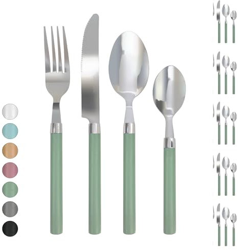 Servizio 24 Pezzi Posate Tavola Acciaio Inox Manici Colorati Tinta Unita Colori Moderni 6x Forchetta Coltello Cucchiaio Cucchiaino Lavabili Lavastoviglie Certificate Contatto Alimenti - Salvia