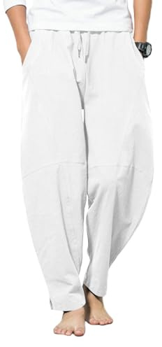 LAOARA Pantalones de lino para hombre, pantalones largos de verano ligeros, cintura elástica, sueltos, informales, pantalones de lino con bolsillos, Blanco, L
