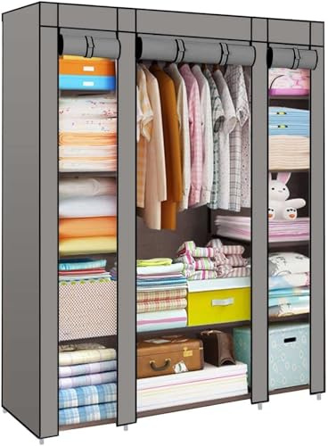 M.J COMFY-LIFE Fabric Wardrobe for Bedroom, Large Canvas Clothes Storage Organizer with Hanging Rail & 6 Shelves - 126x43x165cm, Dustproof Portable Closet for Bedroom, Living Room & Dorm (grey)