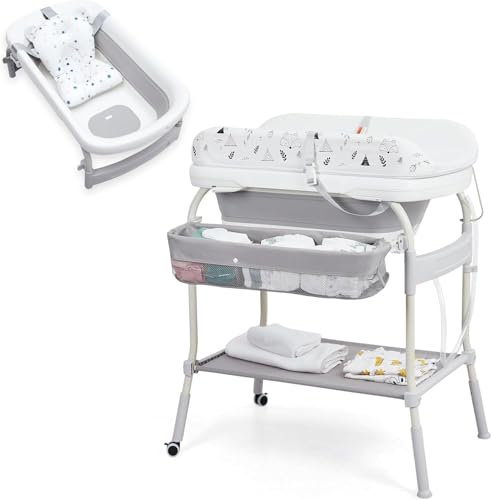 Baignoire bébé 2 en 1 avec table à langer, hauteur réglable pour nourrissons et tout-petits