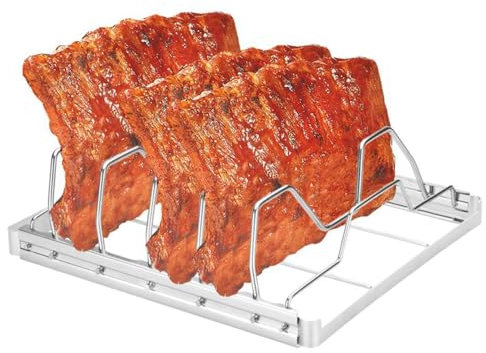 DONGKER Supporto per Costine Barbecue in Acciaio Inox, Griglia per Arrosti e Costine, Cestello per BBQ Rib Rack Pieghevole Antiaderente, Accessori per Barbecue e Cottura alla Griglie