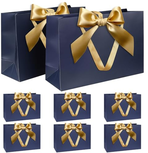 Presentpåsar set, blå presentpåse med rosett presentpåse med handtag blå 8 stycken 30 x 20 x 10 cm presentpåsar för jul födelsedag bröllop