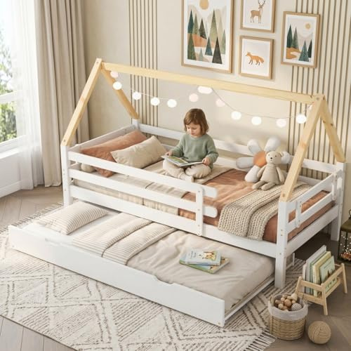 boorbin Letto per casa sull'albero, letto singolo, letto per bambini, letto estraibile con ruote inferiori, in legno massello, letto bianco, sedia sottotetto colore naturale (90 x 200 + 90 x 190 cm)
