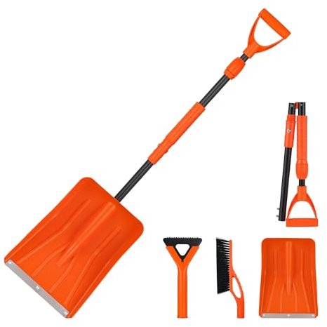 3-in-1 Faltbares Schneeschaufel-Set, mit Schneebesen und Eiskratzer, 127 cm Schneeschaber mit Teleskopstange, ideal zum Schneeräumen von Einfahrten, Gehwegen, Autodächern, Orange