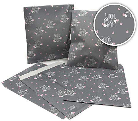 Frau WunderVoll® 100 PAPIERTÜTEN SCHÖN, DASS DU DA BIST 13 x 16,5 cm, 45 Gramm Papier, flach/Candy Bar, Hochzeit, Kindergeburtstag, Papiertütchen, Candybag, Tüten, Mitgebseltüten